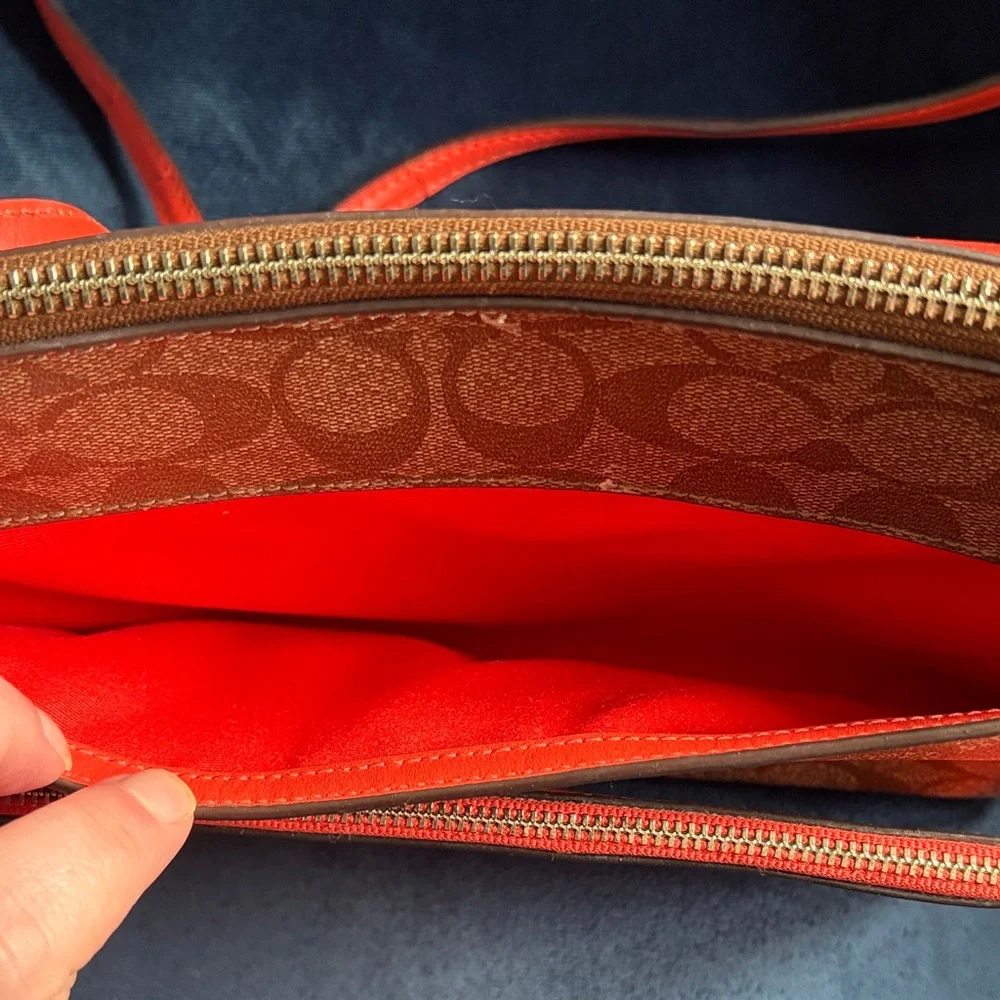 Coach Brown Logo and Coral Crossbody Bag with Removable Pouch and Zipper Top